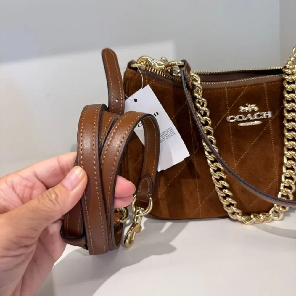 NEW‼️Coach Teri Shoulder Bag With Quilting CET35 suede/Gold/Warm Brown